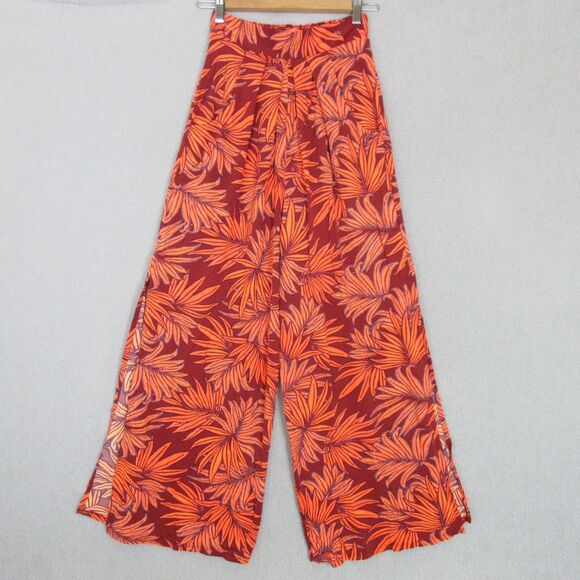 Maaji Pants - Maaji Wide Leg Pants Womens M Wide Elastic Waist Tropical Leaf Orange Maroon